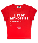 1 red Status Baby Tee white LIST OF MY HOBBIES being late #color_red