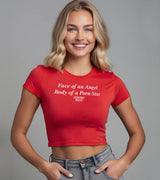 2 red Status Baby Tee white Face of an Angel Body of a Porn Star #color_red