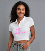2 white Polo Crop Top pink I GET US INTO TROUBLES #color_white