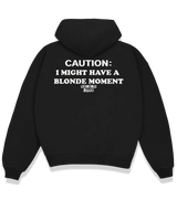 1 black Boxy Hoodie white CAUTION I MIGHT HAVE A BLONDE MOMENT #color_black