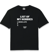 1 black T-Shirt white LIST OF MY HOBBIES being late #color_black