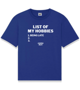 1 blue T-Shirt white LIST OF MY HOBBIES being late #color_blue