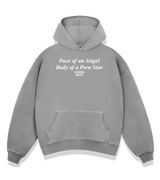1 grey Boxy Hoodie white Face of an Angel Body of a Porn Star #color_grey