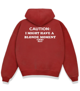 1 red Boxy Hoodie white CAUTION I MIGHT HAVE A BLONDE MOMENT #color_red