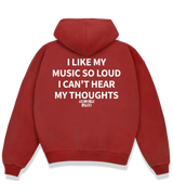 1 red Boxy Hoodie white I LIKE MY MUSIC SO LOUD I CAN'T HEAR MY THOUGHTS #color_red