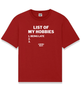 1 red T-Shirt white LIST OF MY HOBBIES being late #color_red