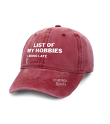 1 red Vintage Cap white LIST OF MY HOBBIES being late #color_red