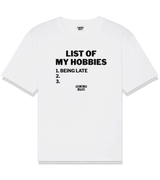 1 white T-Shirt black LIST OF MY HOBBIES being late #color_white