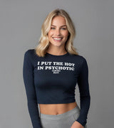2 navy Cropped Longsleeve white I PUT THE HOT IN PSYCHOTIC #color_navy