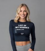 2 navy Cropped Longsleeve white LIST OF MY HOBBIES being late #color_navy