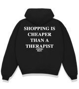 1 black Boxy Hoodie white SHOPPING IS CHEAPER THAN A THERAPIST #color_black
