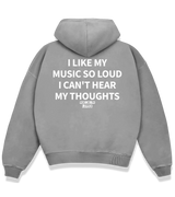1 grey Boxy Hoodie white I LIKE MY MUSIC SO LOUD I CAN'T HEAR MY THOUGHTS #color_grey