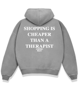 1 grey Boxy Hoodie white SHOPPING IS CHEAPER THAN A THERAPIST #color_grey
